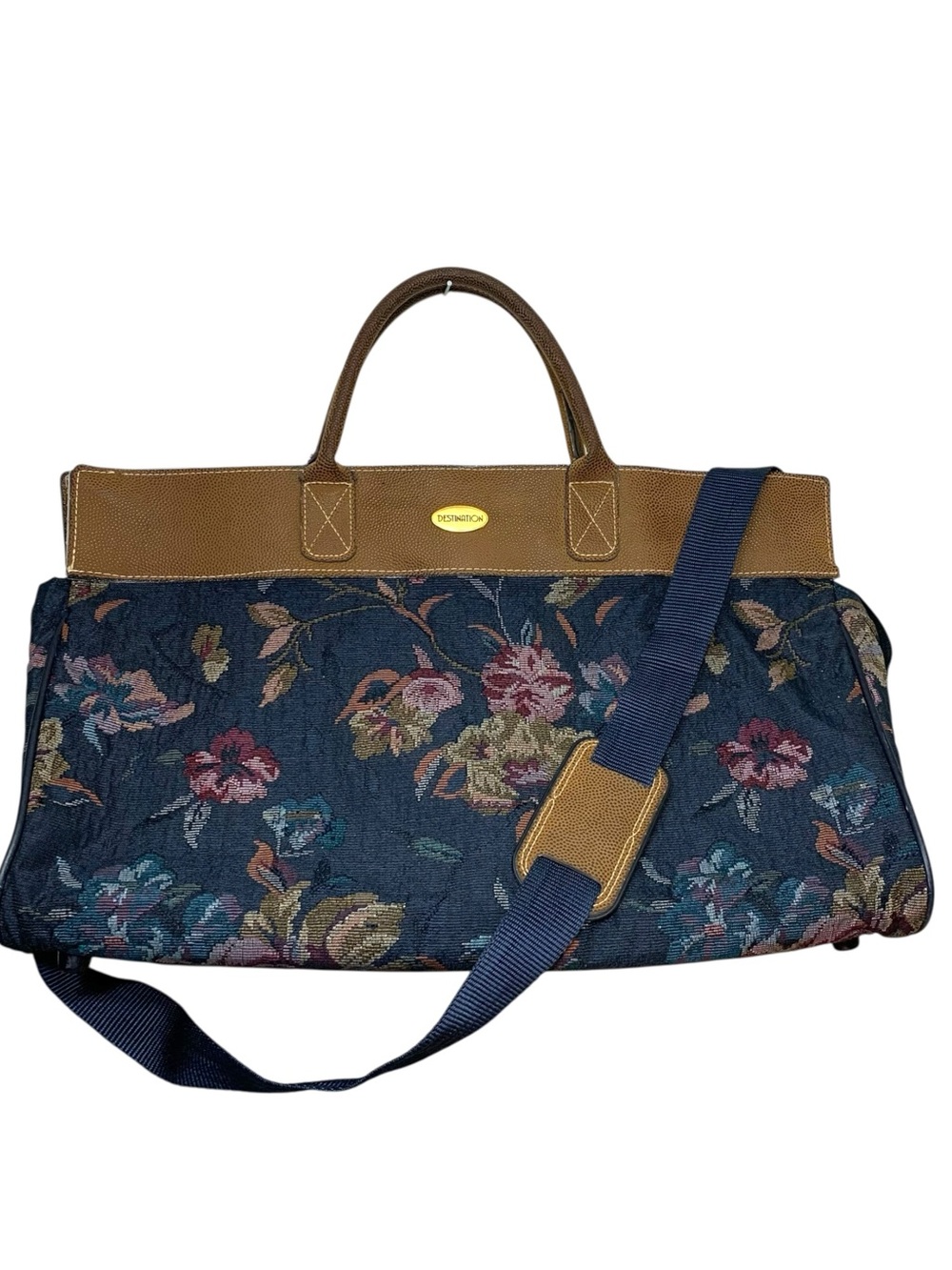 Vintage Blue Floral Tapestry Weekender Tote Adjustable Strap Travel Duffle Bag